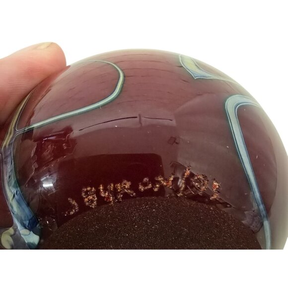 3" Dark Red Paperweight Art Glass Sphere Silver Abstract Signed J Bryon - Picture 9 of 10